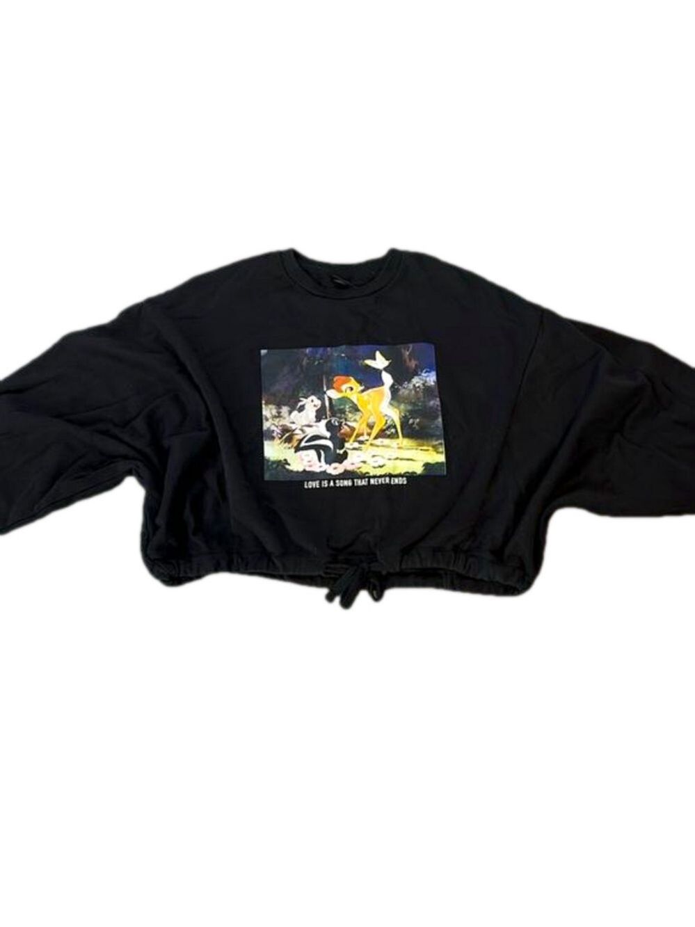 DISNEY BAMBI Rare Black Cropped Sweatshirt Batwing Sleeve Drawstring Waist M-XL